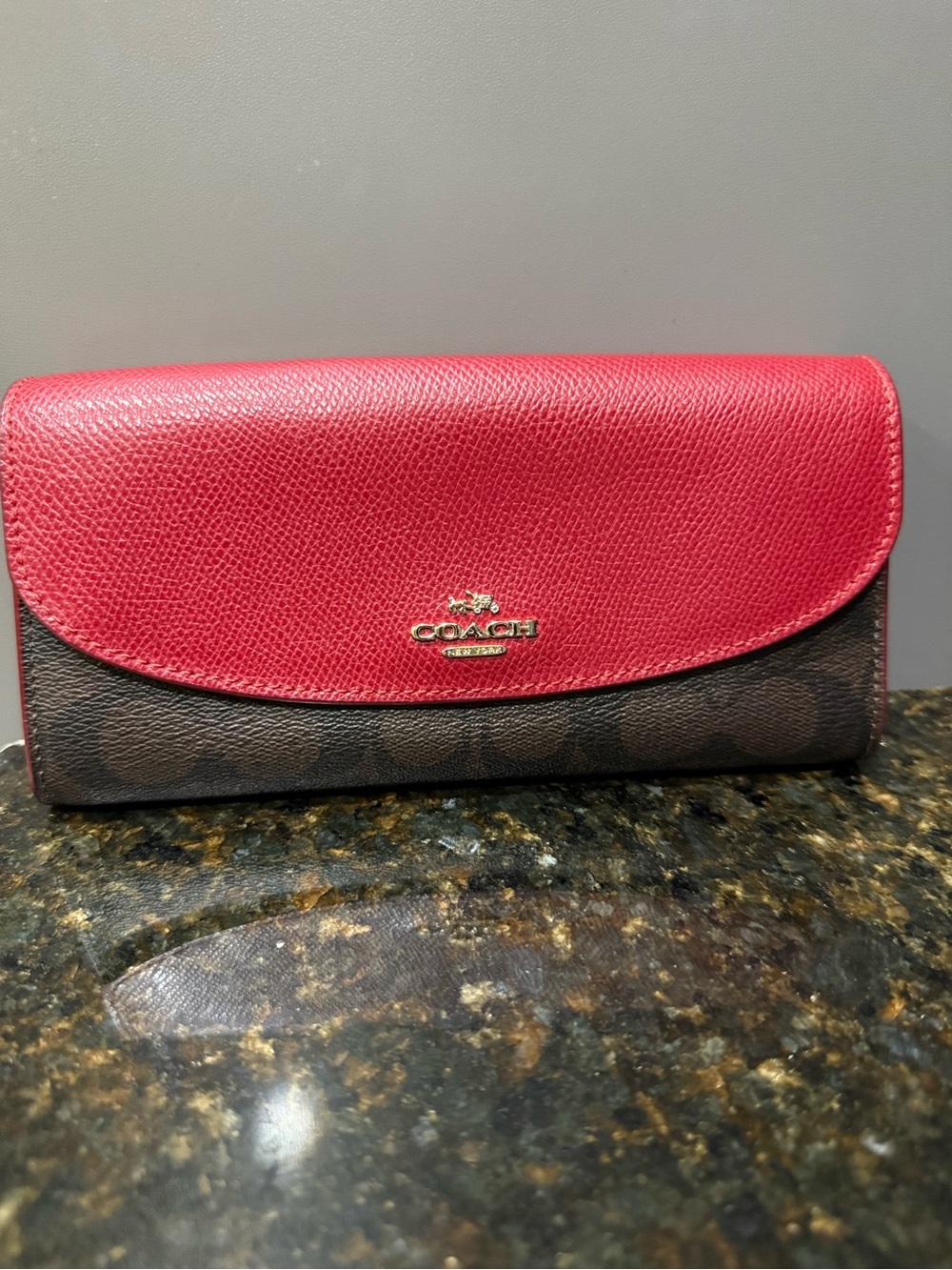 Coach Brown Signature Wallet with Red Leather Flap Re-Hab